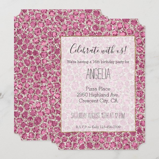 Girly Pink Glitzy Glam Glitzer Leopard Print Einladung (Vorne/Hinten)