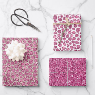 Girly Pink Glitzy Glam Glitzer Leopard Print Geschenkpapier Set