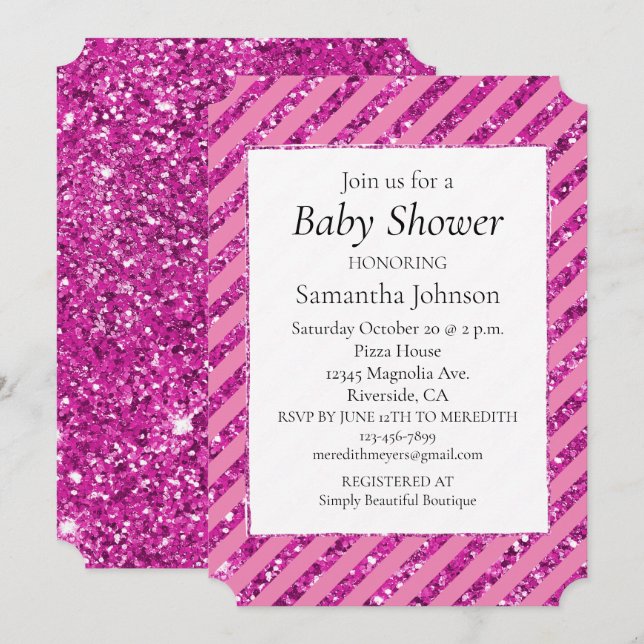 Girly Pink Glitzy Glitzer Streifen Einladung (Vorne/Hinten)