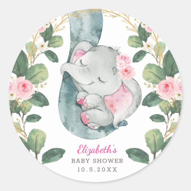 Girly Pink Gold Floral Baby Elefantengrün Runder Aufkleber (Vorderseite)