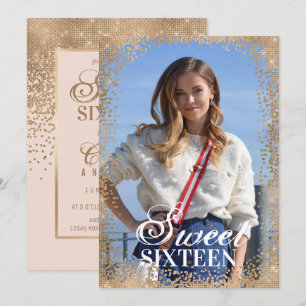 Girly Pink Gold Glitzer Confetti Foto Sweet 16 Einladung