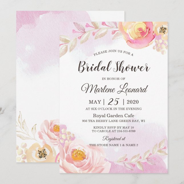 Girly Pink Gold Rose Garden Brautparty Einladung (Vorne/Hinten)