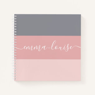 Girly Pink Gray Stripe Handschrift Name Notizbuch