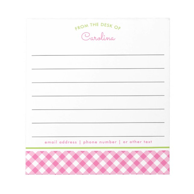 Girly Pink & Green Script Gingham Lined Notizblock (Vorderseite)