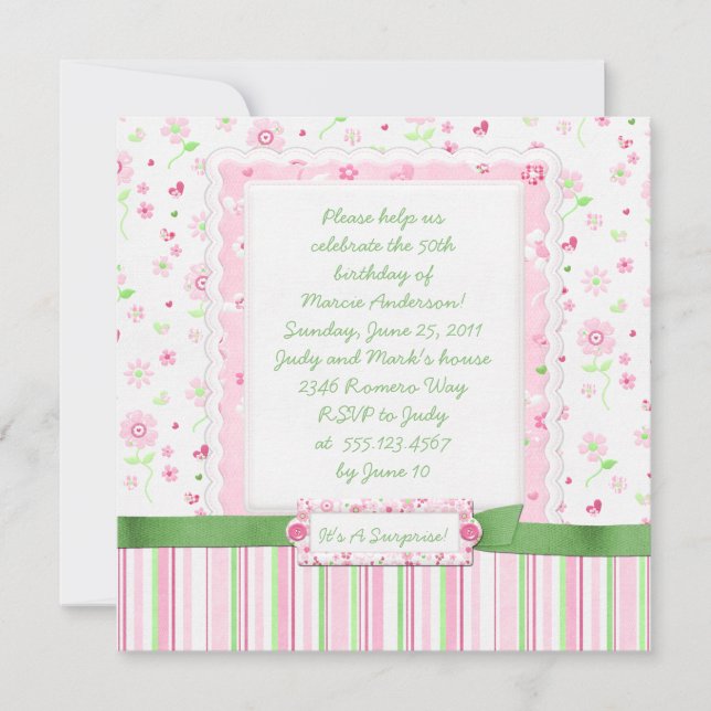 Girly Pink Grüne Blume hören Geburtstag Einladung (Vorderseite)