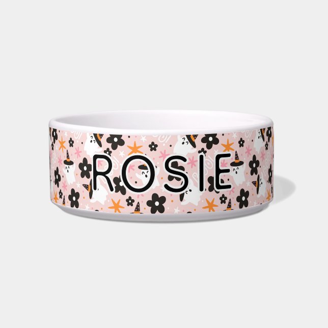Girly Pink Halloween Ghost Pattern Dog Napf (Vorderseite)