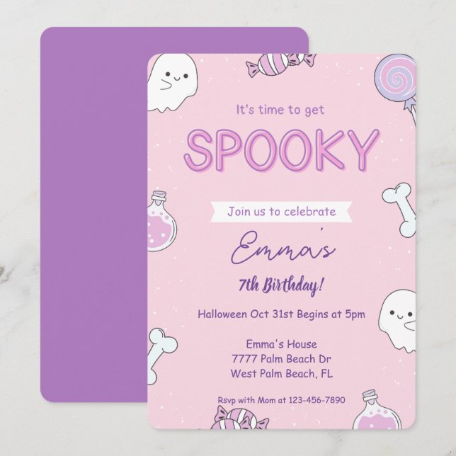Girly Pink Halloween Kindergeburtstag Einladung (Vorne/Hinten)