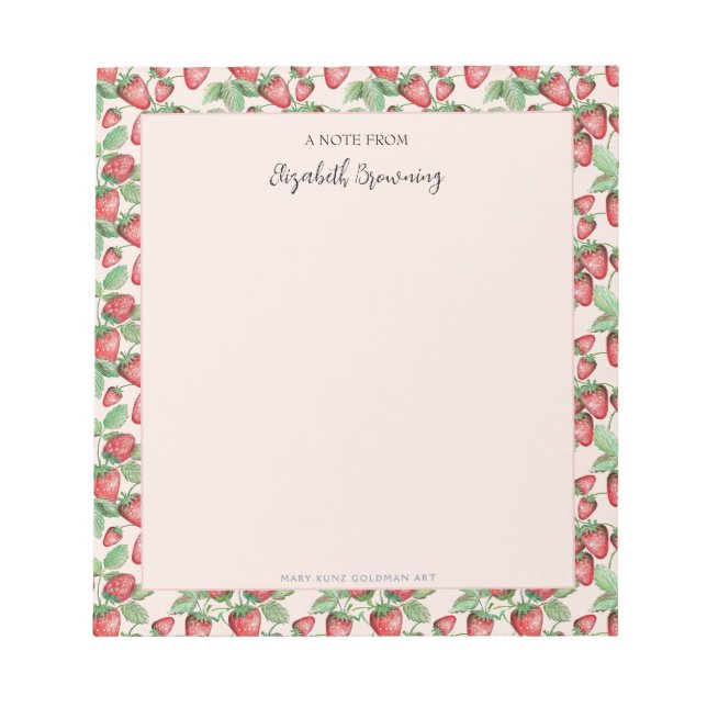 Girly Pink Hand-Illustriert Elegant Erdbeere Notizblock (Vorderseite)