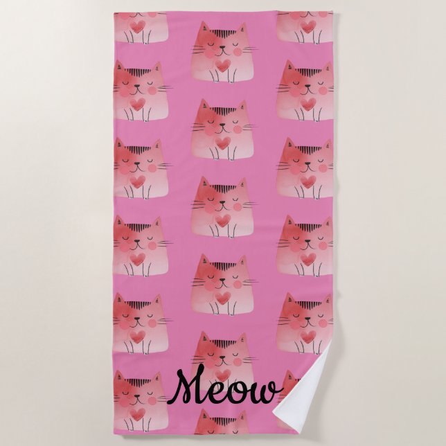 Girly Pink Heart Cats Strandtuch (Vorderseite)