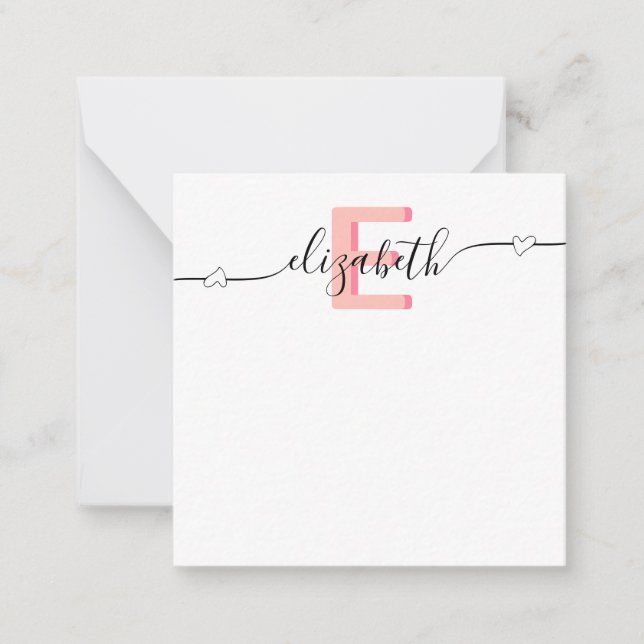 Girly Pink Heart Monogram Mitteilungskarte (Vorderseite)