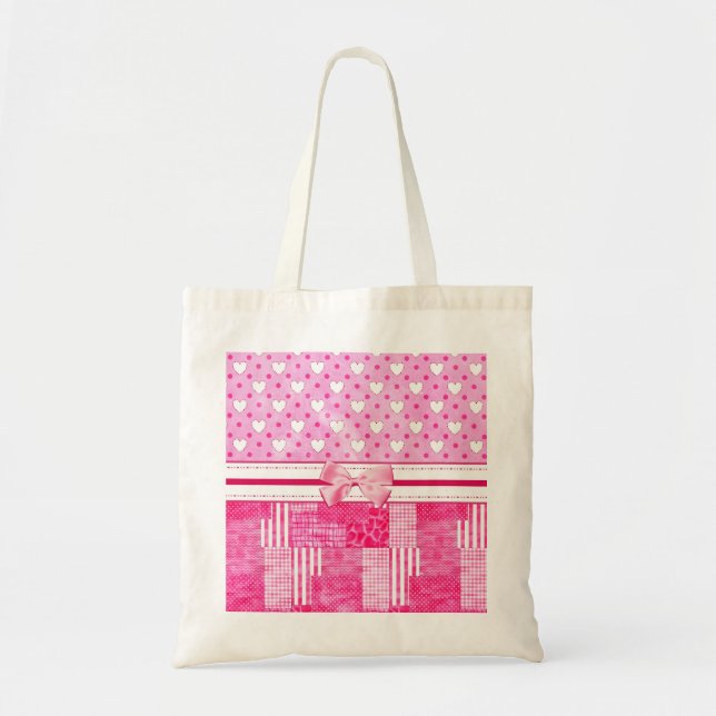 Girly Pink Hearts and Polka Dots Niedlich Bow and  Tragetasche (Vorne)