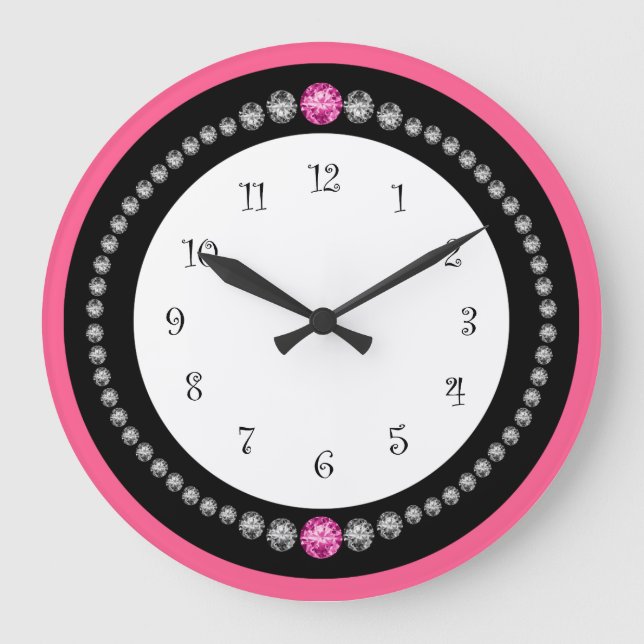 Girly Pink Imitate Diamond Jewel Große Wanduhr (Vorderseite)