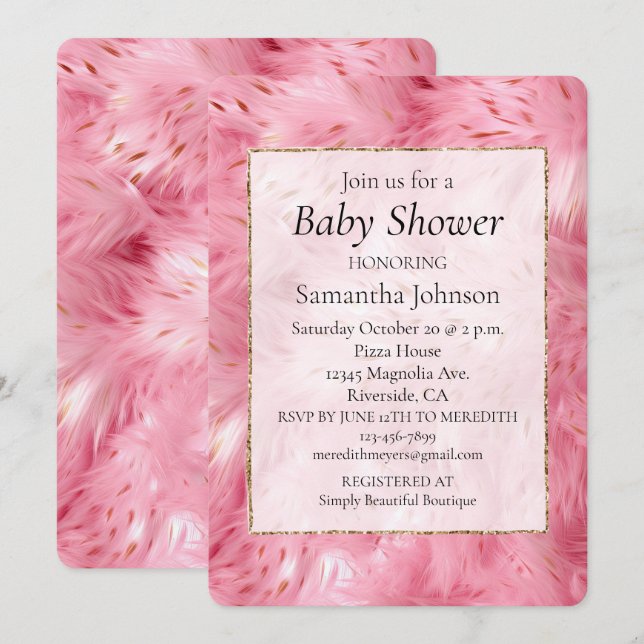 Girly Pink Imitats Fur Baby Dusche Einladung (Vorne/Hinten)