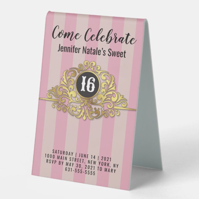 Girly Pink Imitats Goldfolie Sweet 16 TableZent Ta Tischaufsteller (Vorderseite)