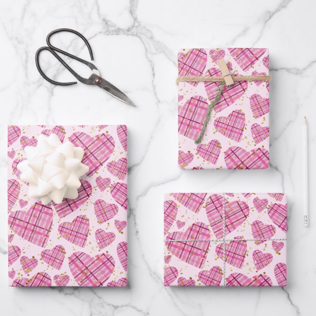 Girly Pink Kariert Hearts Gold Glitzer Polka Dots Geschenkpapier Set (Vorderseite)