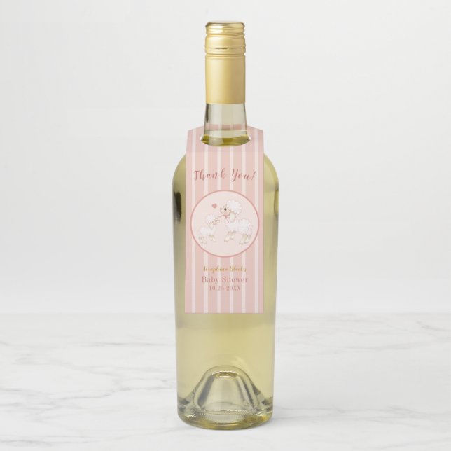 Girly Pink Lamb Baby Dusche Danke Flaschenanhänger (Auf Flasche)