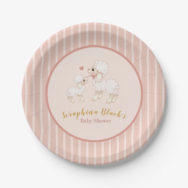 Girly Pink Lamb Baby Dusche Pappteller (Vorderseite)