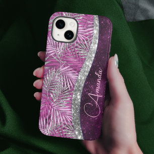 Girly pink lila silber Glitzer Blätter monogramm Case-Mate iPhone 14 Hülle