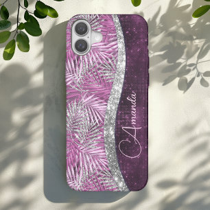 Girly pink lila silber Glitzer Blätter monogramm iPhone 16 Hülle