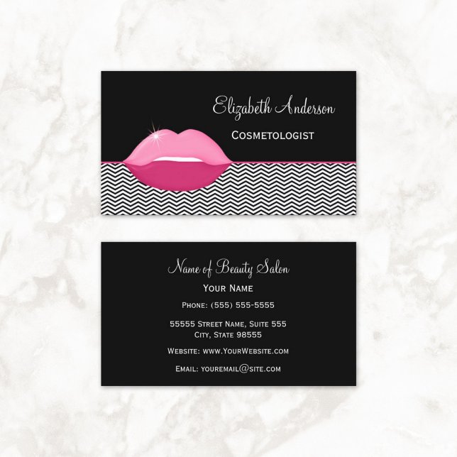 Girly Pink Lips Zickzack Kosmetologin Visitenkarte (Girly Pink Lips Chevron Cosmetologist Business Cards)