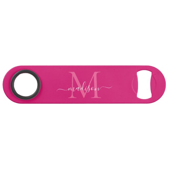 Girly Pink Magenta White Monogram Elegantes Skript Speed Flaschenöffner (Vorderseite (Horizontal))