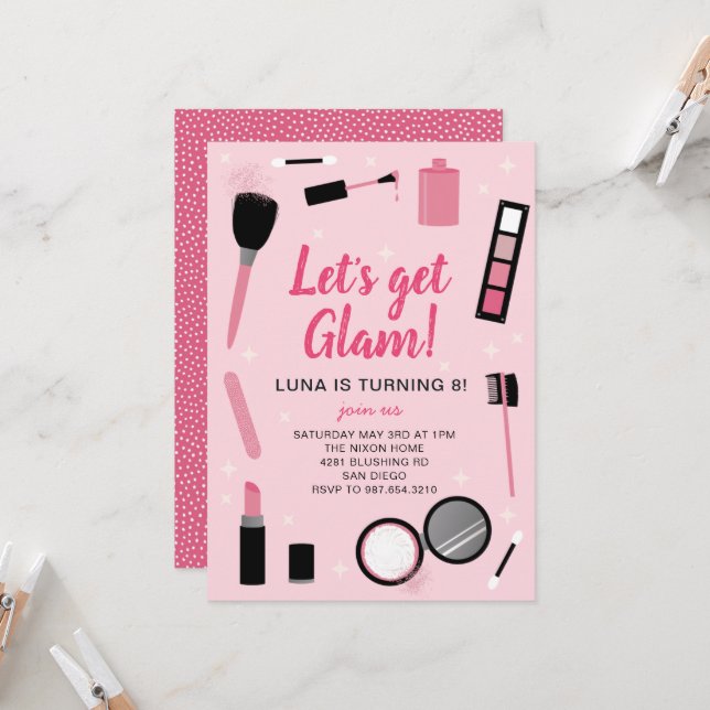 Girly Pink Makeup Glamour Geburtstagseinladung Einladung (Vorderseite/Rückseite Beispiel)