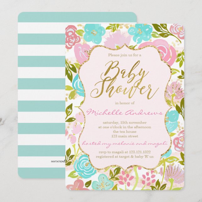 Girly Pink Mint Gold Baby Dusche Einladung (Vorne/Hinten)