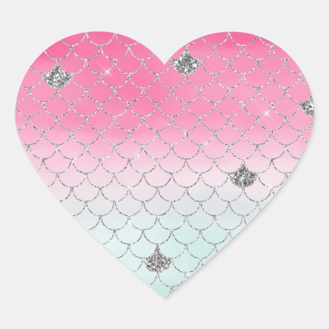 Girly Pink Mint Silver Glitzer Meerjungfrau Herz-Aufkleber (Vorderseite)