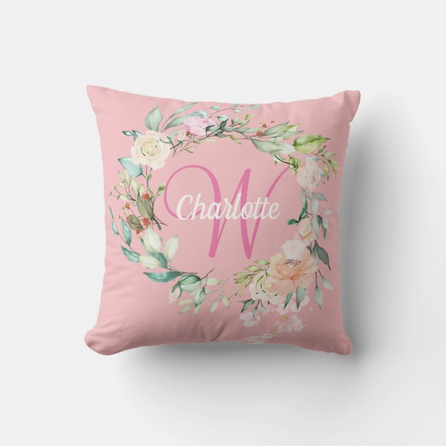 Girly Pink Monogram Erste Sweet Summer Rose Kissen (Vorderseite)