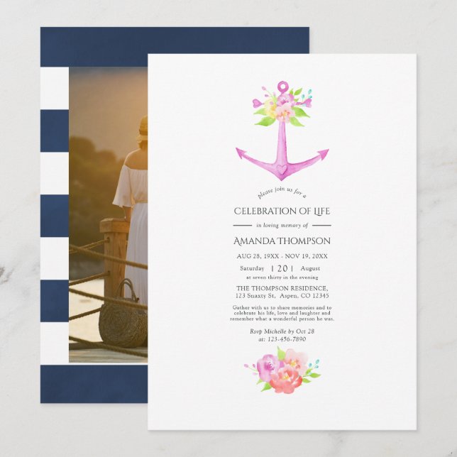 Girly Pink Nautical Floral Celebration of Life Einladung (Vorne/Hinten)