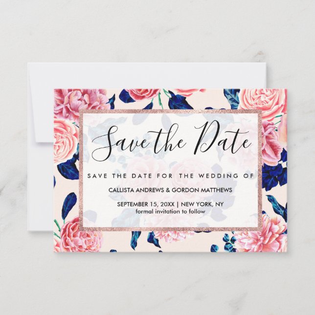 Girly Pink Navy Blue Country Blume Save The Date (Vorderseite)