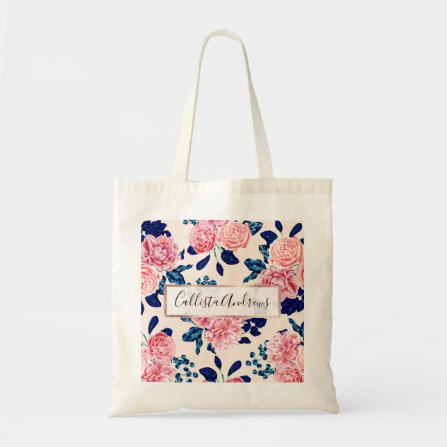 Girly Pink Navy Blue Country Blume Tragetasche (Vorne)