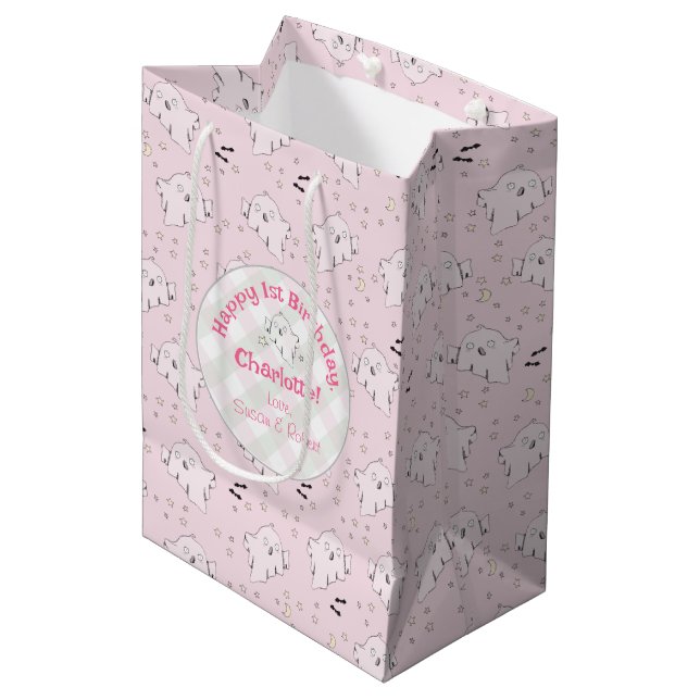 Girly Pink Niedlich Ghosts Baby Halloween 1. Gebur Mittlere Geschenktüte (Vorderseite Schrägansicht)