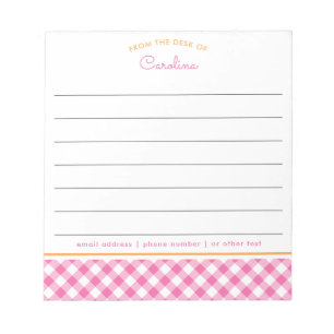 Girly Pink & Orange Script Gingham Lined Notizblock