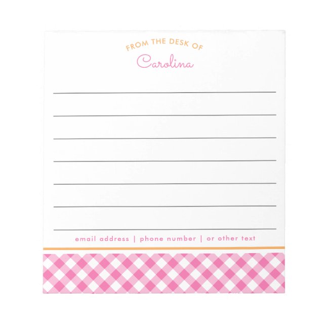 Girly Pink & Orange Script Gingham Lined Notizblock (Vorderseite)