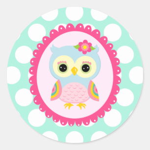 Girly Pink Owl Blume & Rainbow Aqua Polka Dots Runder Aufkleber