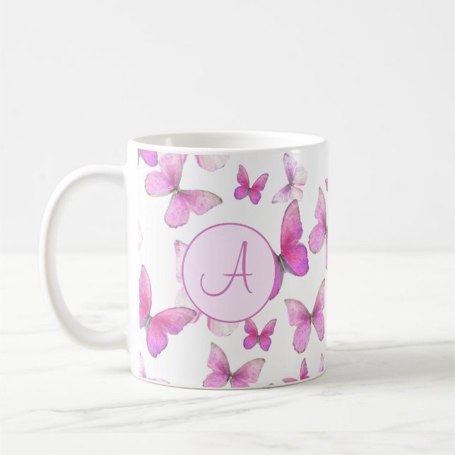Girly Pink Pastel Butterfets Custom Mit Monogramm Kaffeetasse (Links)