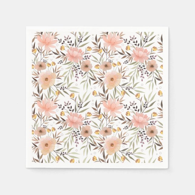Girly Pink Peach Floral Blätter Pattern Napkins Serviette (Vorderseite)