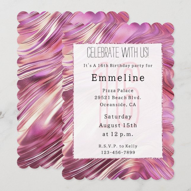 Girly Pink Pearl Rose Gold Glam Sweet 16 Einladung (Vorne/Hinten)