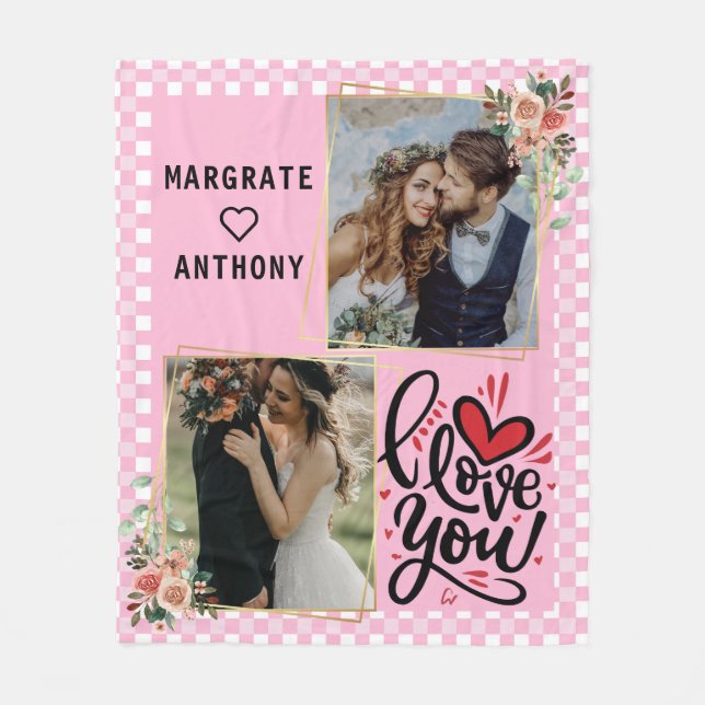 Girly Pink Personalisiert Couple Foto und Namen Fleecedecke (Vorderseite)