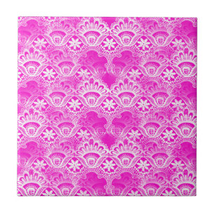 Girly Pink-pinkfarbener weißer Spitze-Damast Fliese
