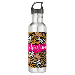 Girly Pink Playful Animal Print Herz Name Edelstahlflasche