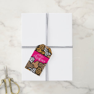 Girly Pink Playful Animal Print Herz Name Geschenkanhänger
