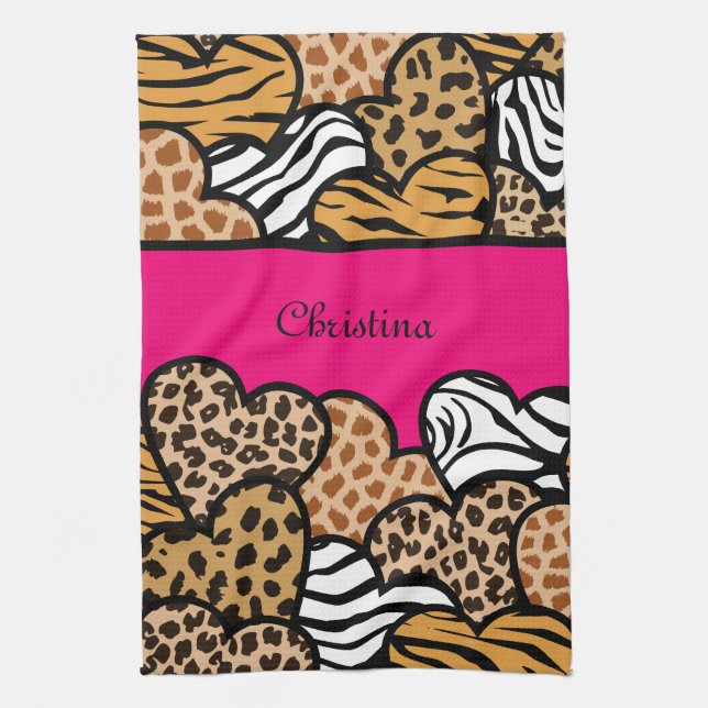 Girly Pink Playful Animal Print Herz Name Geschirrtuch (Vertikal)