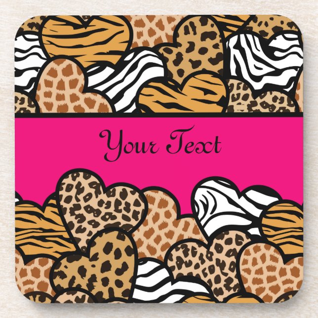 Girly Pink Playful Animal Print Herz Name Getränkeuntersetzer (Vorderseite)