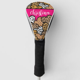 Girly Pink Playful Animal Print Herz Name Golf Headcover