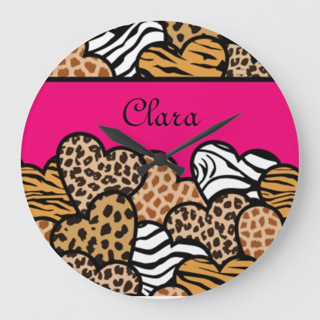 Girly Pink Playful Animal Print Herz Name Große Wanduhr (Vorderseite)