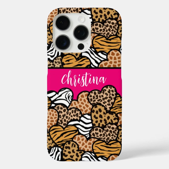 Girly Pink Playful Animal Print Herz Name iPhone 16 Pro Hülle (Rückseite)
