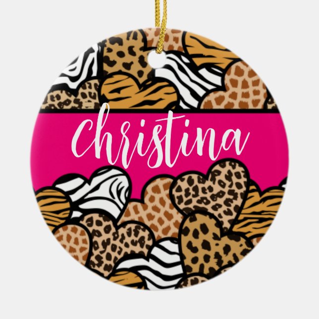 Girly Pink Playful Animal Print Herz Name Keramik Ornament (Vorne)