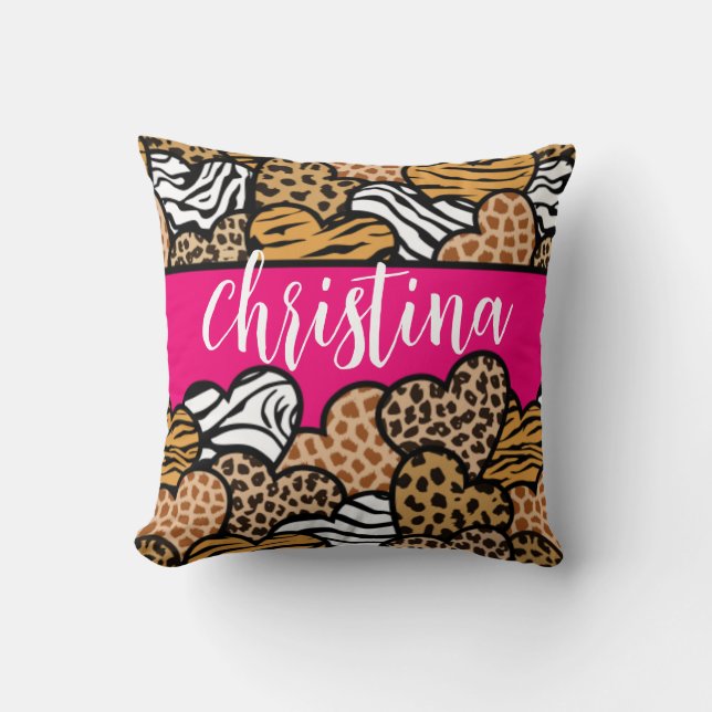 Girly Pink Playful Animal Print Herz Name Kissen (Vorderseite)